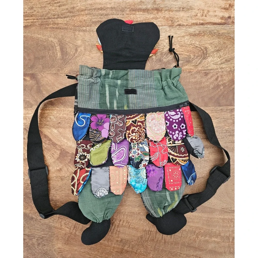 Boho Drawstring Backpack Women Multi-Color Owl Patchwork Zip Pocket Hippie Thai